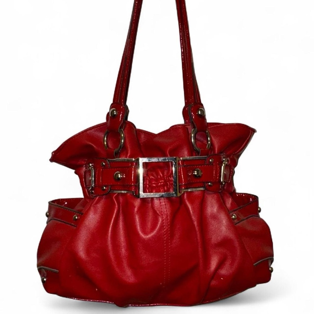Red leather shoulder bag with silver hardware